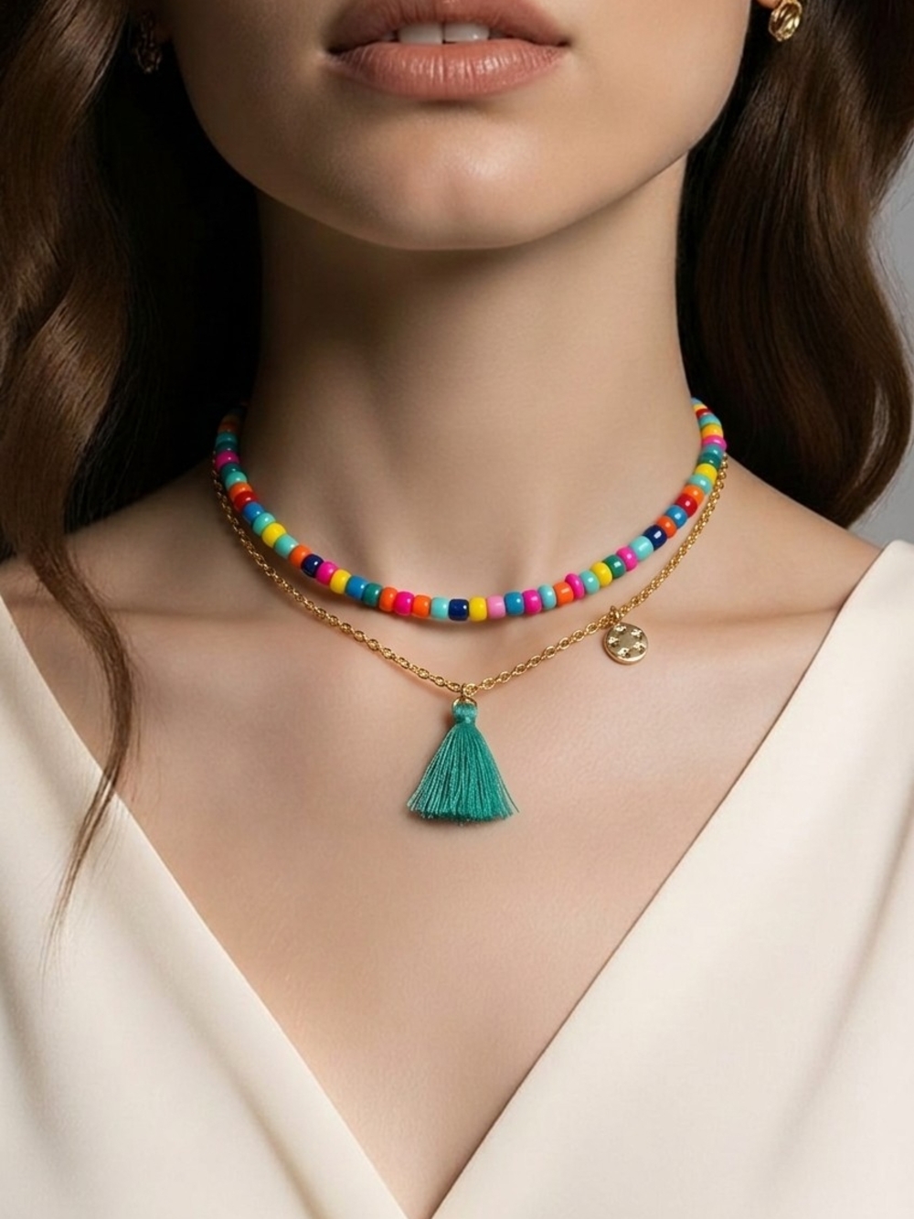 Rachel Roy Layered Anklet Duo | Colorful Beaded & Gold Tassel necklace
